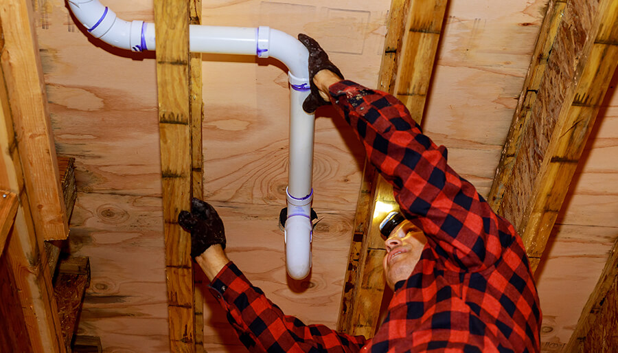 Man in red and black flannel shirt performing Re-piping Services in Memphis|