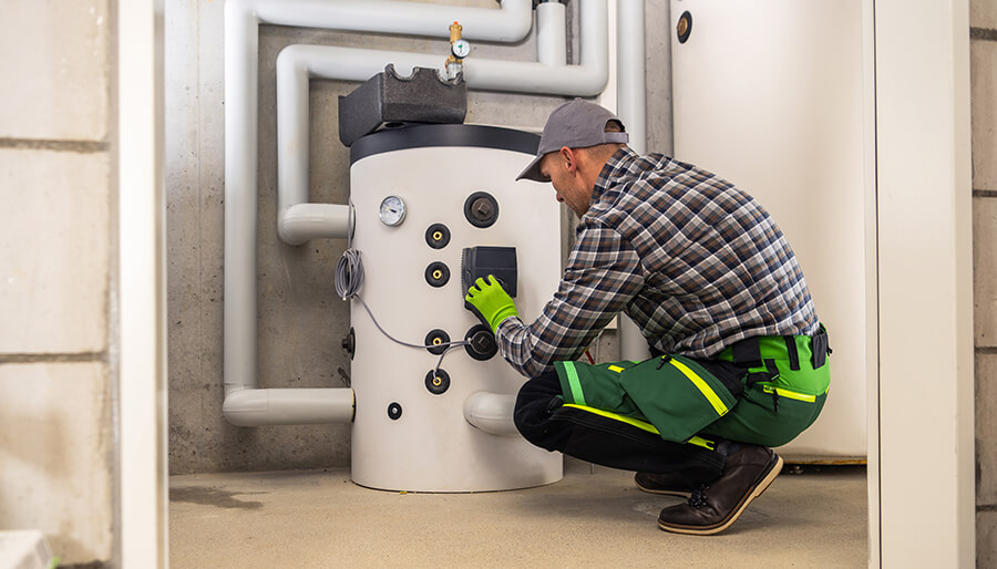 Man is kneeling by a water heater while performing Water Heater Installation.